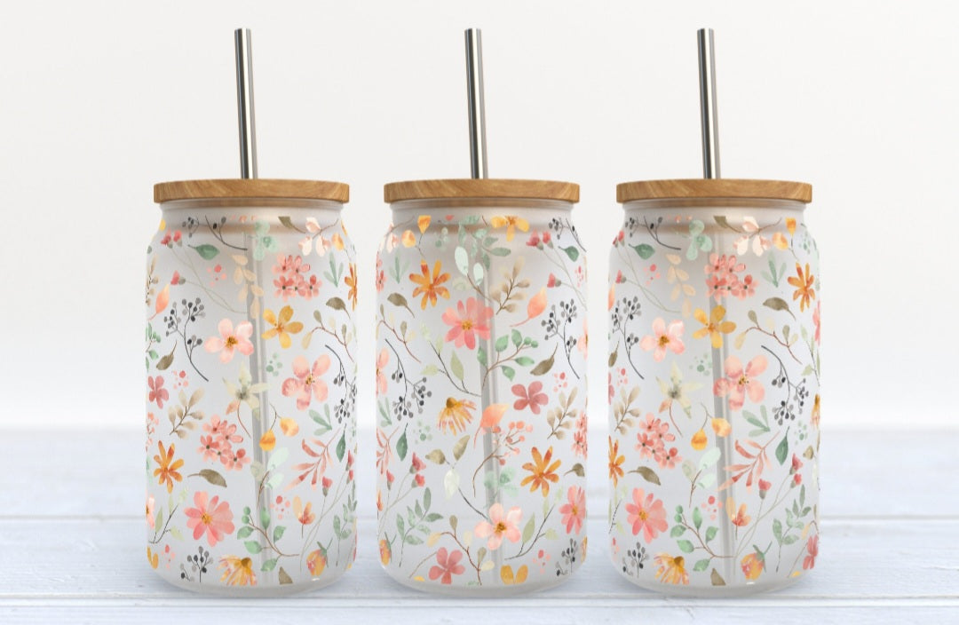 Wildflower-16oz Glass Tumbler w/ Strawl