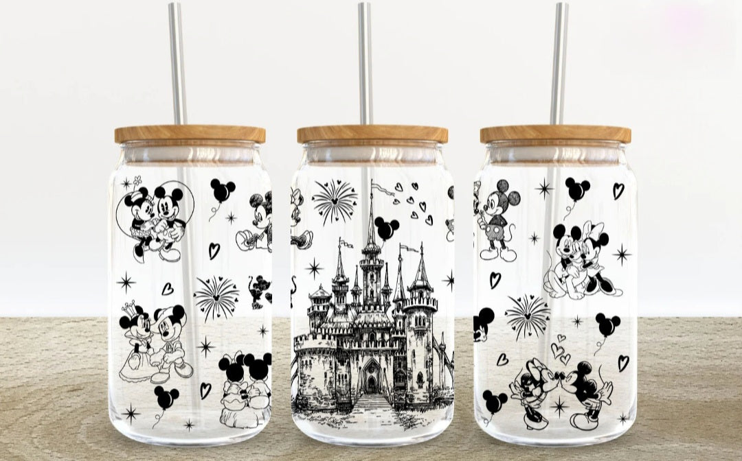 Disney B&W Mickey + Minnie - 16oz Glass Tumbler w/ Straw