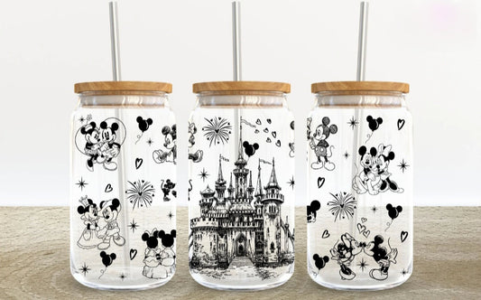 Disney B&W Mickey + Minnie - 16oz Glass Tumbler w/ Straw