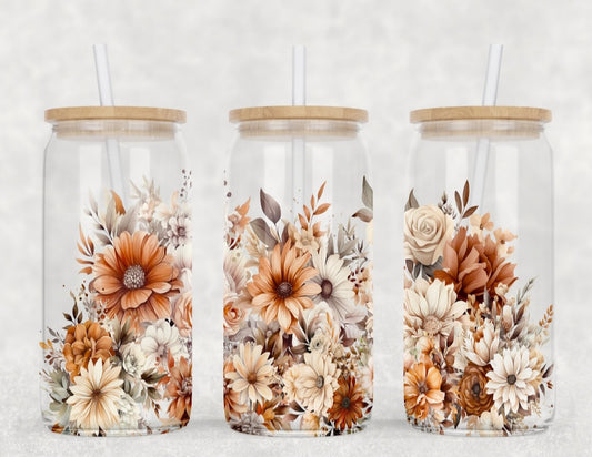 Boho Flowers - 16oz Glass Tumbler w/ Straw