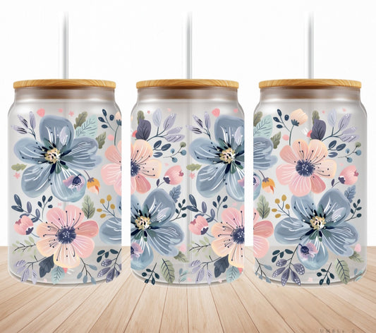 Pink & Blue Blossoms - 16oz Glass Tumbler w/ Straw
