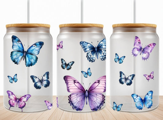 Blue Butterflies - 16oz Glass Tumbler w/ Straw