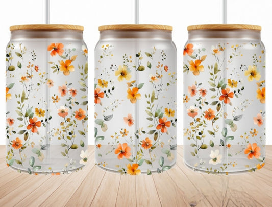 Orange Blooms - 16oz Glass Tumbler w/ Straw