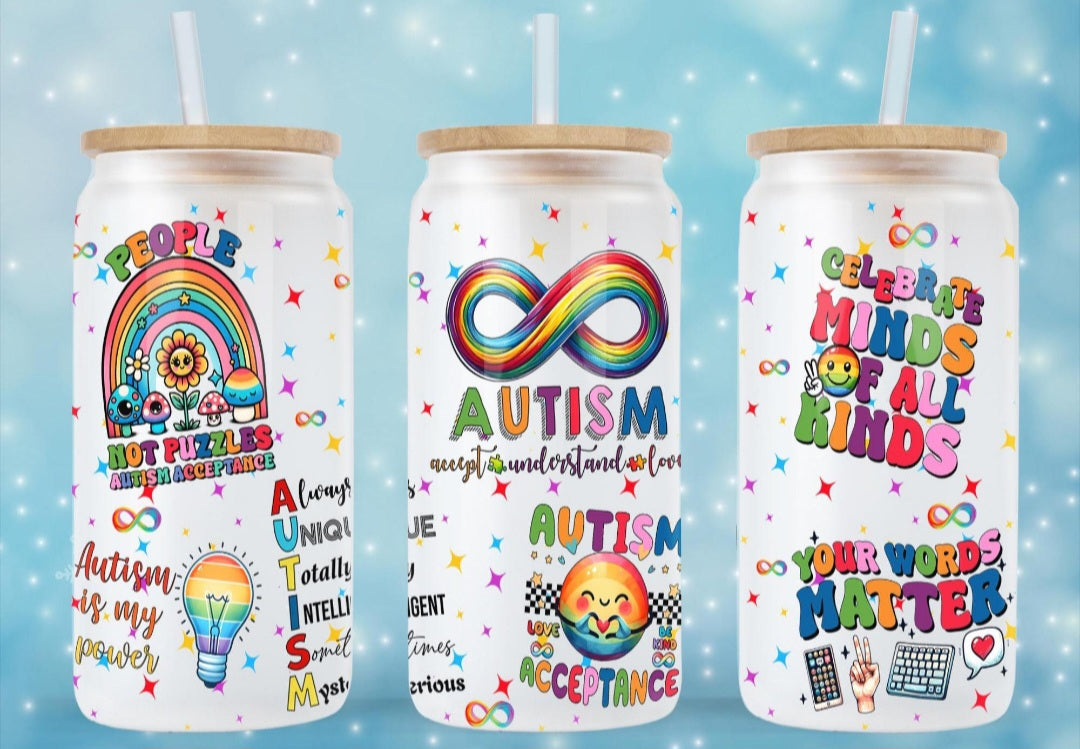 Autism Accept Understand - 16oz Frosted Glass Can w/ Bamboo Lid and Glass Straw