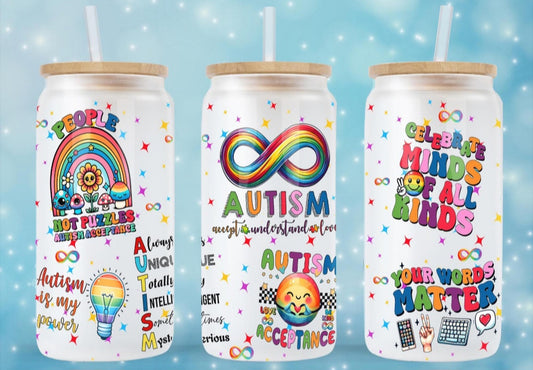 Autism Accept Understand - 16oz Frosted Glass Can w/ Bamboo Lid and Glass Straw