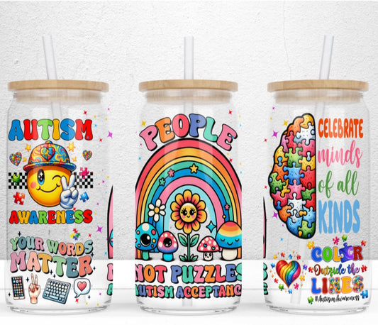 Autism People Not Puzzle - 16oz Frosted Glass Can w/ Bamboo Lid and Glass Straw