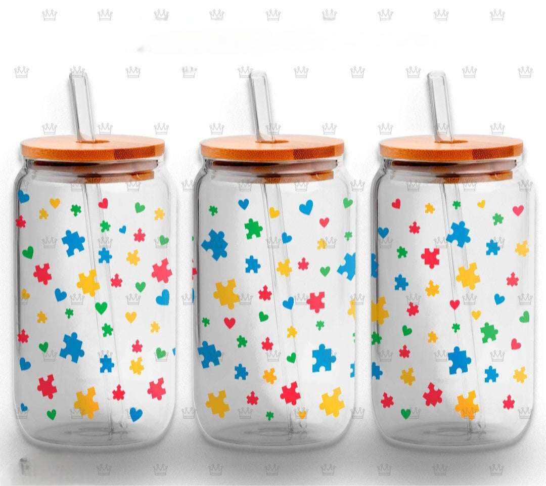 Autism Puzzle Pieces - 16oz Frosted Glass Can w/ Bamboo Lid and Glass Straw