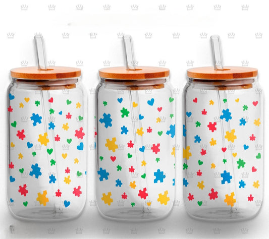 Autism Puzzle Pieces - 16oz Frosted Glass Can w/ Bamboo Lid and Glass Straw
