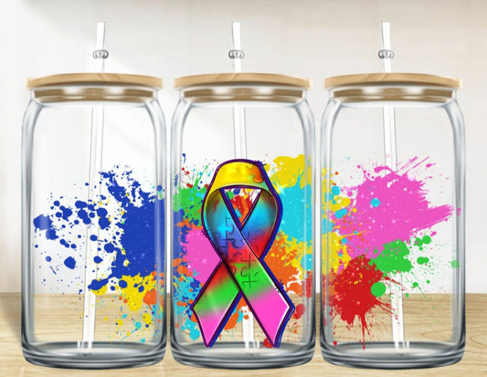 Autism Awearness - 16oz Frosted Glass Can w/ Bamboo Lid and Glass Straw