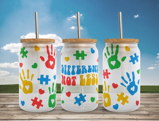 Different Hand Prints - 16oz Frosted Glass Can w/ Bamboo Lid and Glass Straw