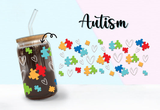 Autism Puzzle - 16oz Frosted Glass Can w/ Bamboo Lid and Glass Straw