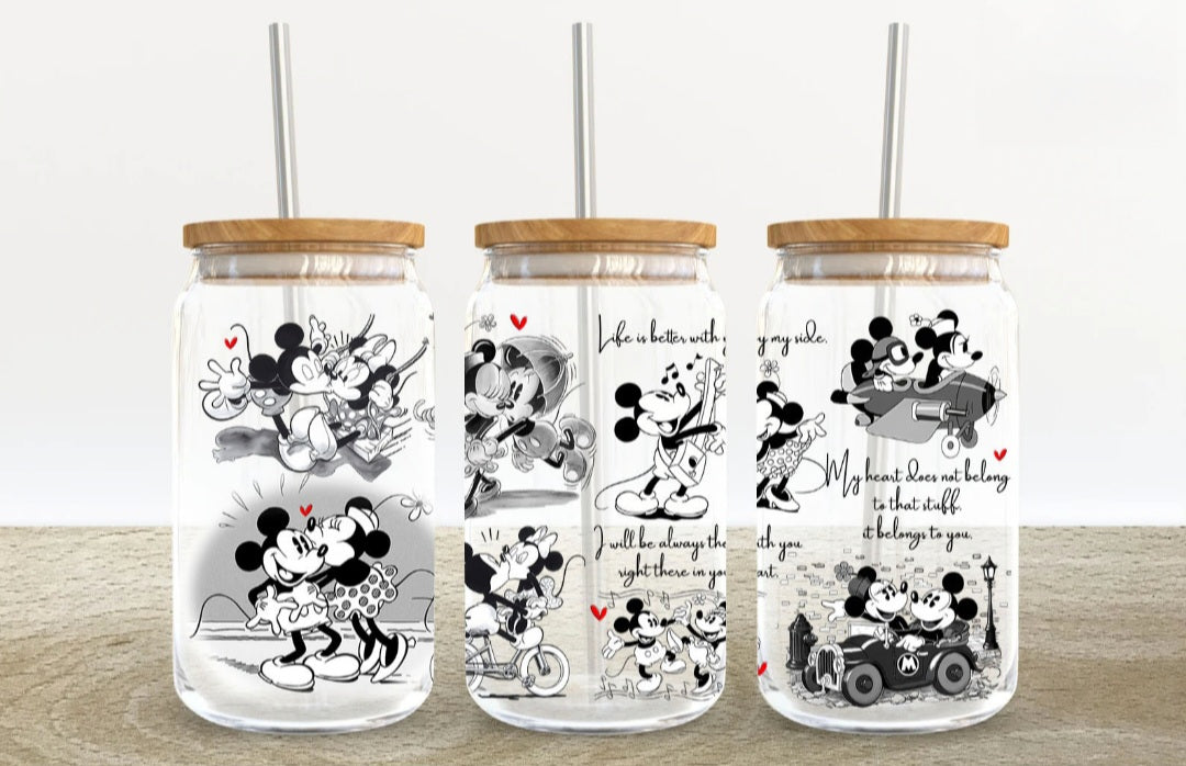 Old School Mickey + Minnie - 16oz Glass Tumbler w/ Straw
