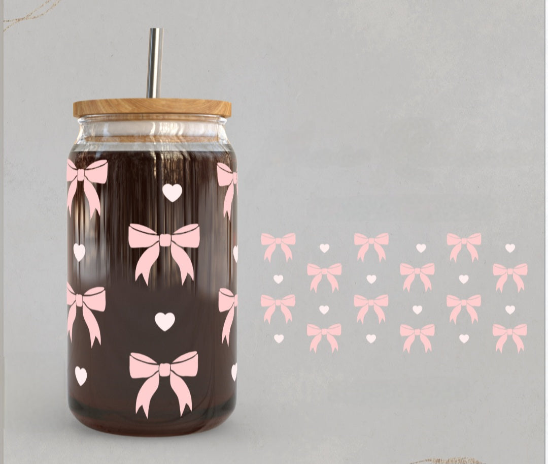 Hearts + Bows - 16oz Glass Tumbler w/ Straw